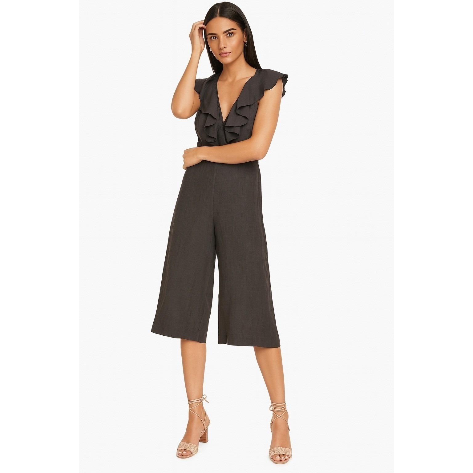 Maria Stanley Ruffle V-Neck Wide Leg Jumpsuit Charcoal Grey Black Size S Nwt — image 2 of 7